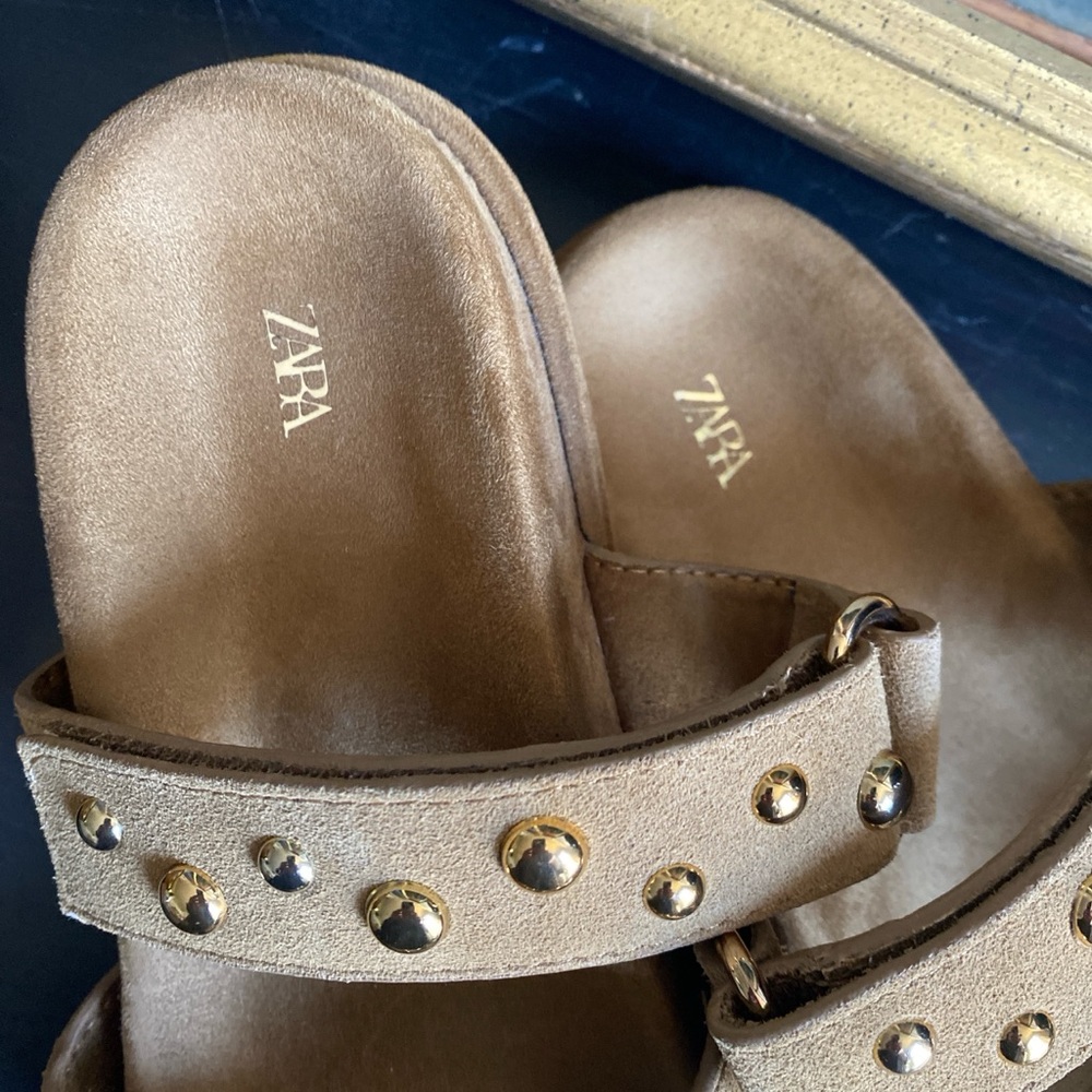 Zara Tan Suede Slide Sandals with Gold Studs - Picture 4 of 4